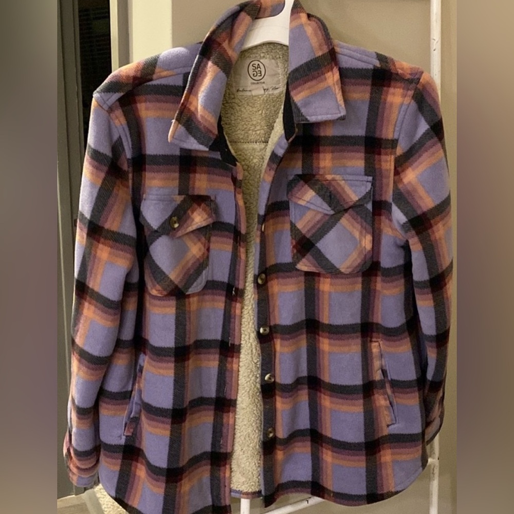 NWOT SAGE LADIES SHERPA PLAID BUTTON DOWN SHACKET SIZE LARGE - Picture 2 of 9